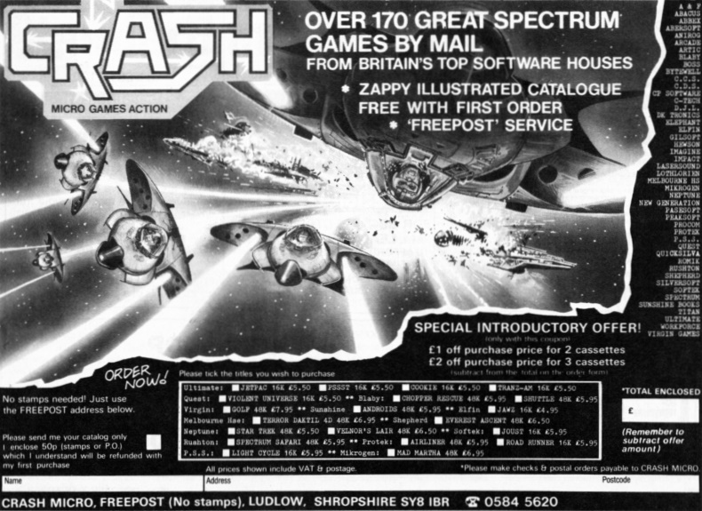 Over 170 great Spectrum games by mail from Britain's top software houses. * Zappy illustrated catalogue free with first order * 'Freepost' service